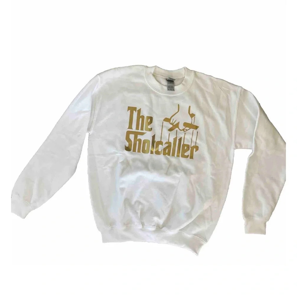new original youngsters shot caller crewneck sweatshirt, gold and white youth L